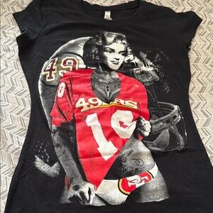 Black Graphic T-Shirt with Red and White Design